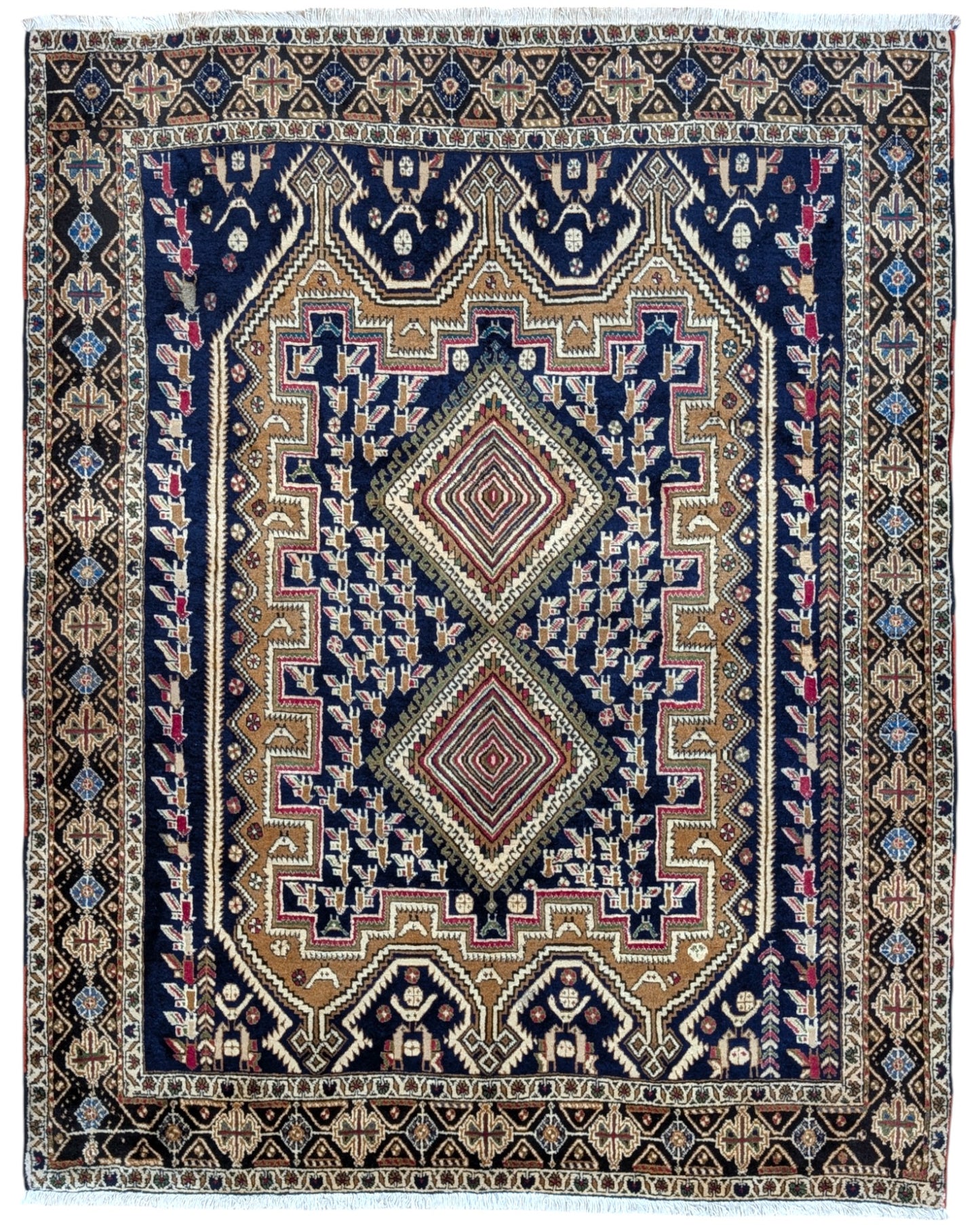 Tappeto Afshar "Castello Antico" in rosa antico e blu con motivi geometrici, annodato a mano in Persia con lana e cotone tinti con colori vegetali.