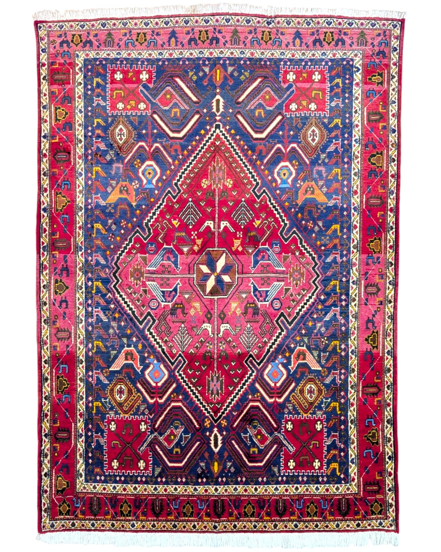 Tappeto Afshar "Pianta di Castello" blu con motivi geometrici ispirati a un castello, annodato a mano in Persia in pura lana tinta con colori vegetali.