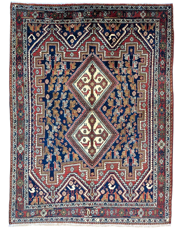 Tappeto Afshar "Pianta di Castello Antico" blu con motivi geometrici, annodato a mano in Persia in lana e cotone tinti con colori vegetali.