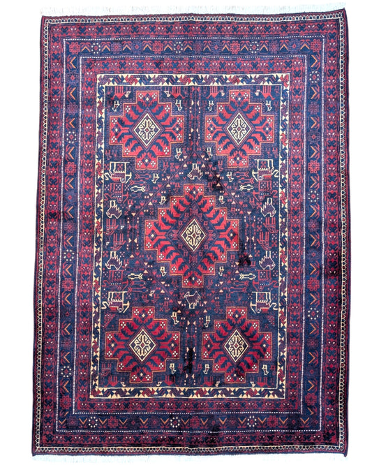 Tappeto Lorestan nero con simboli e motivi della mitologia persiana, annodato a mano in lana con colori vegetali.