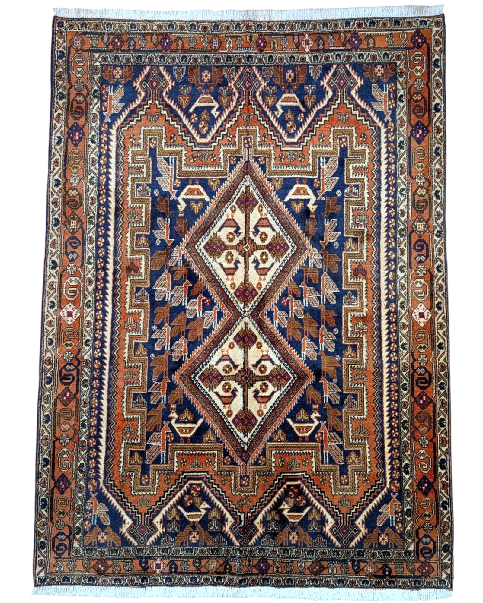 Tappeto Afshar annodato a mano 208 x 150 cm, fondo rosso mattone con disegno geometrico "Castello Antico", artigianato persiano.