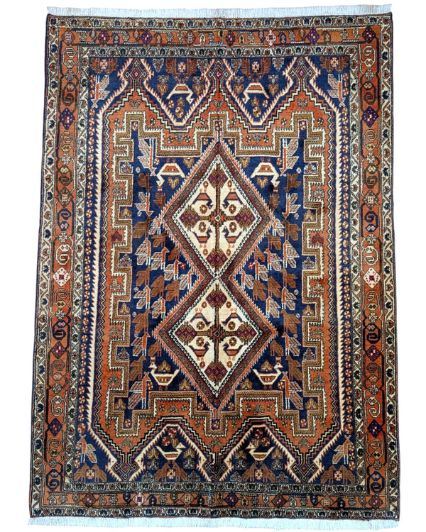 Tappeto Afshar annodato a mano 208 x 150 cm, fondo rosso mattone con disegno geometrico "Castello Antico", artigianato persiano.