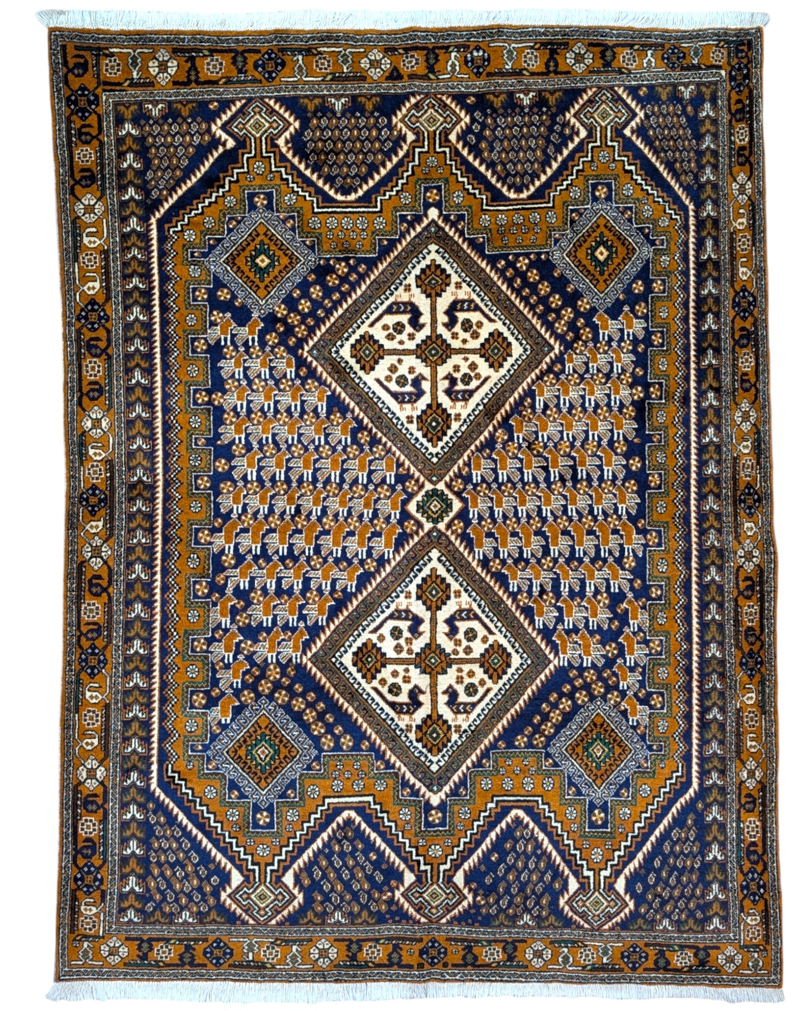 Tappeto Afshar annodato a mano, 205 x 154 cm, fondo rosa antico con motivi geometrici raffinati.