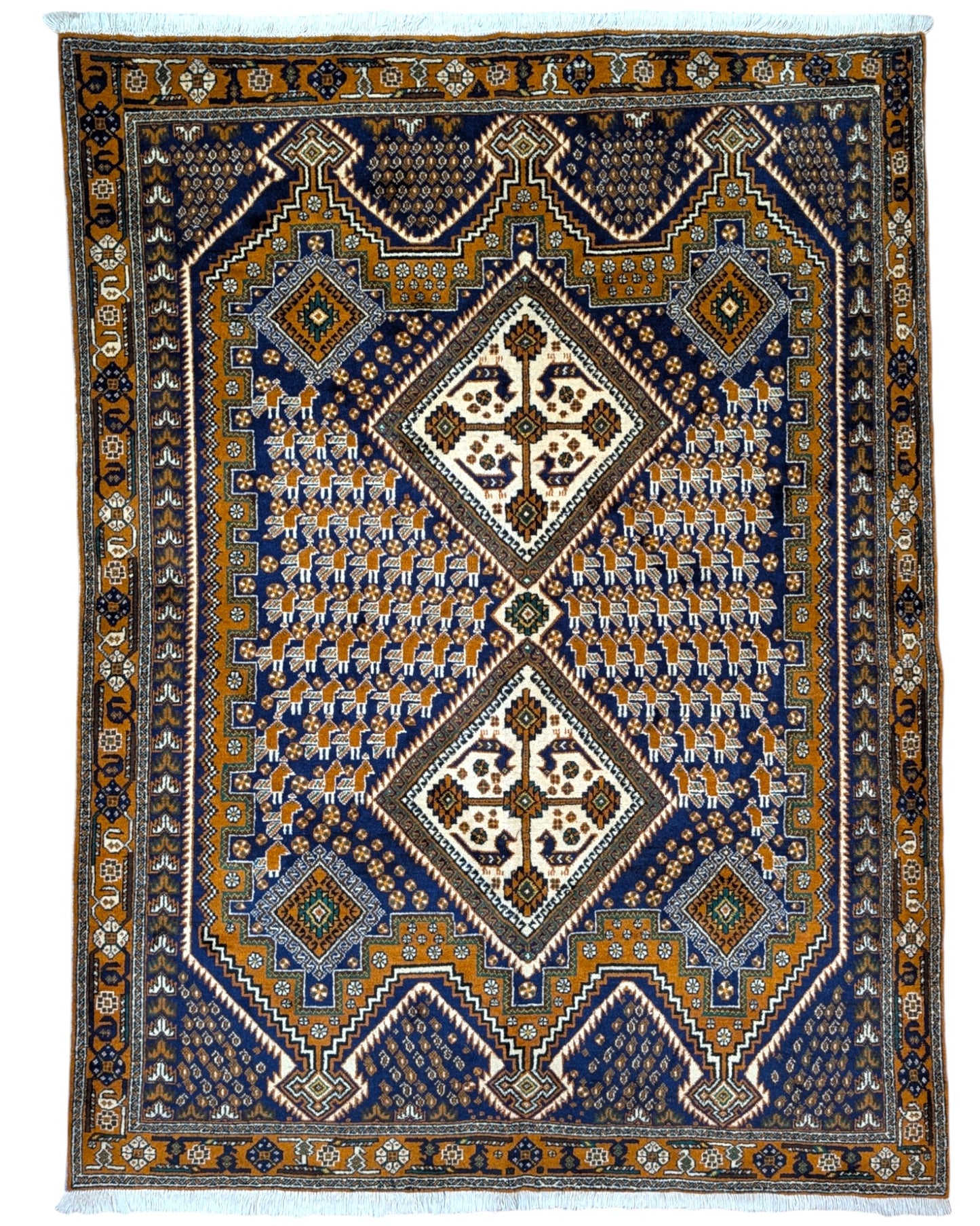 Tappeto Afshar annodato a mano, 205 x 154 cm, fondo rosa antico con motivi geometrici raffinati.