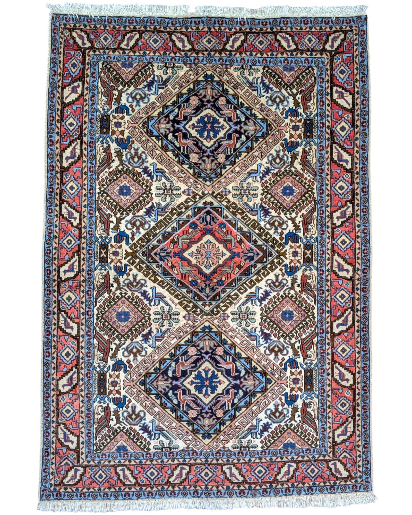 Tappeto Ardebil annodato a mano, 214 x 149 cm, fondo beige con motivi geometrici raffinati.