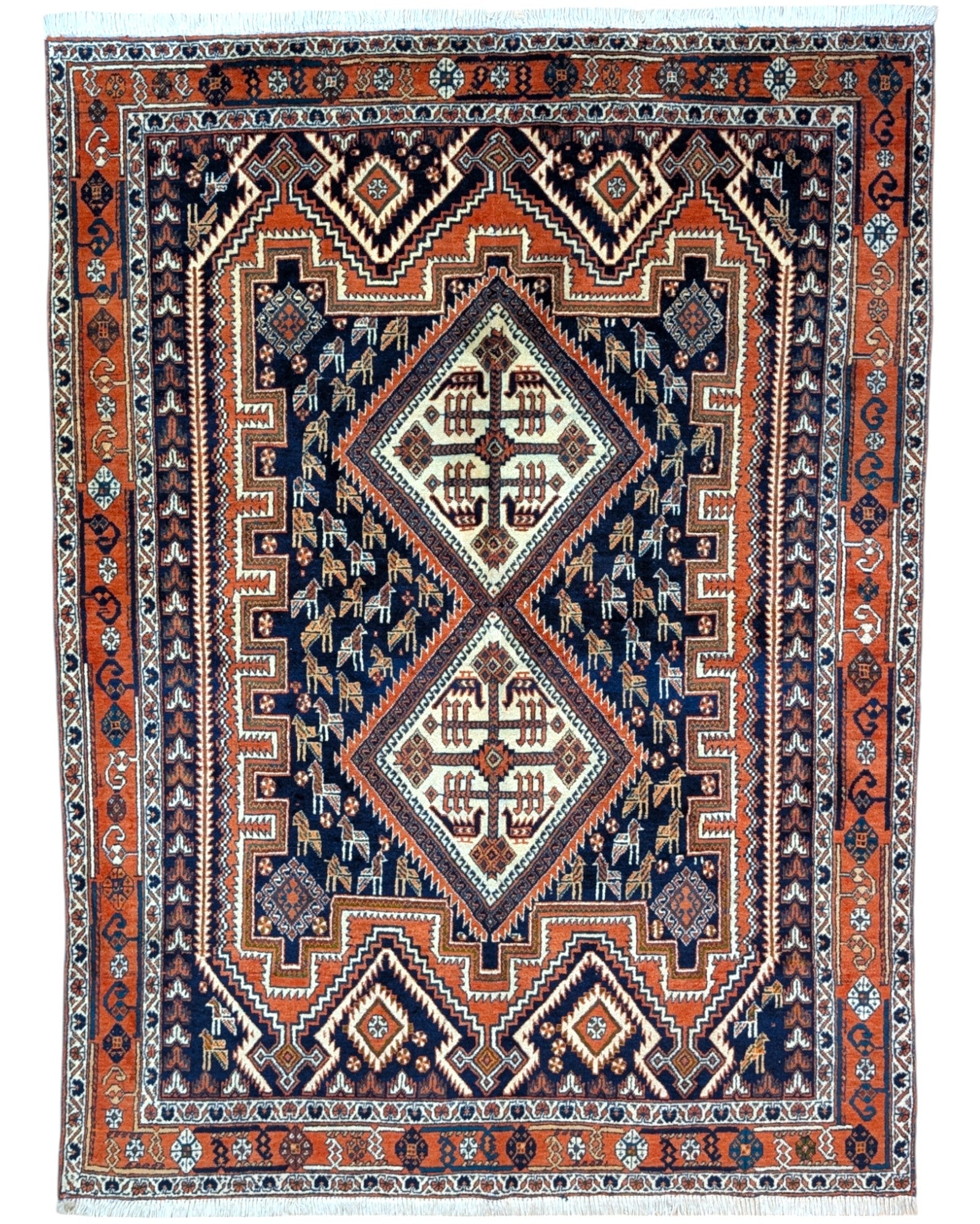 Tappeto Afshar annodato a mano, 200 x 150 cm, fondo mattone con motivo geometrico a forma di castello antico.