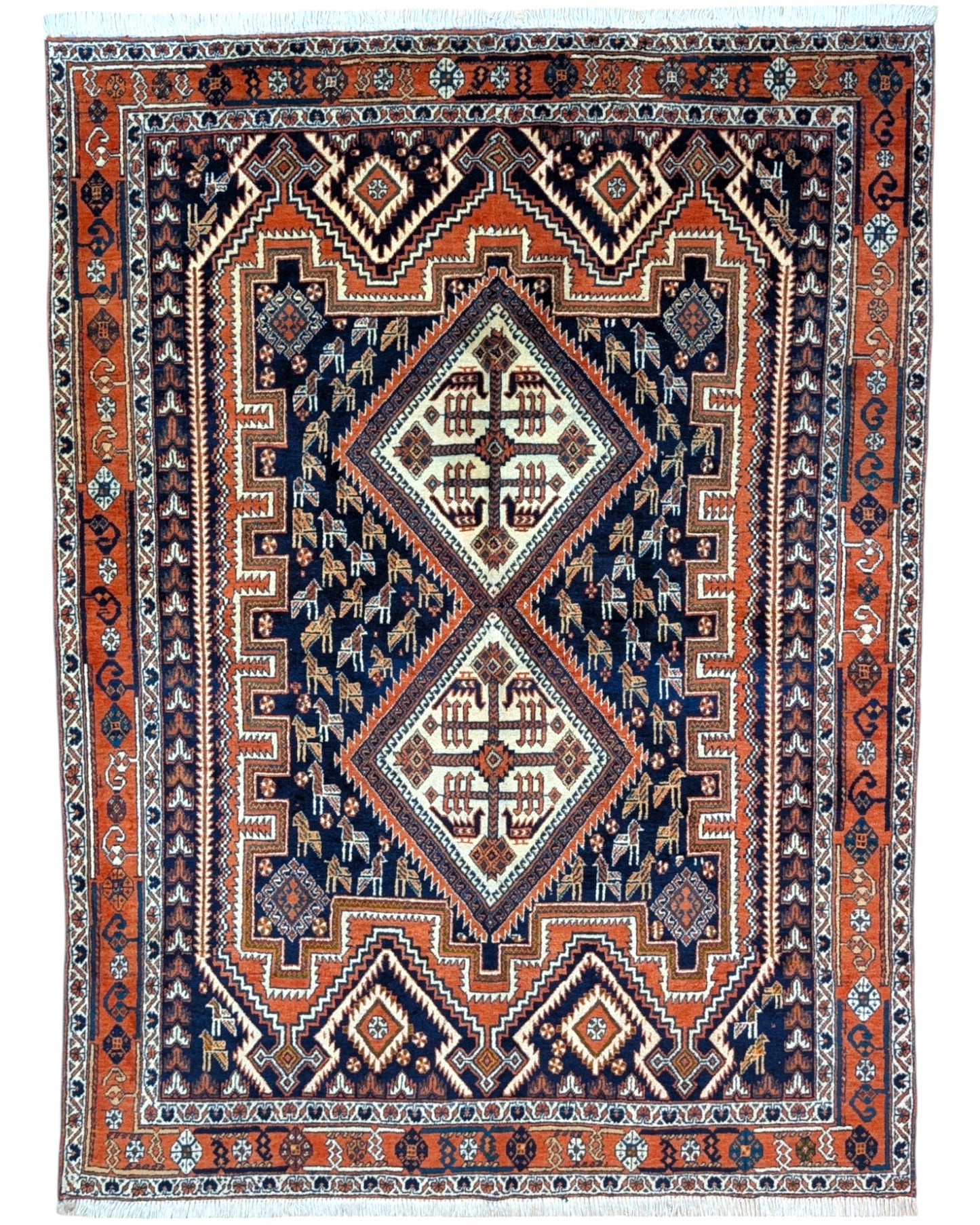 Tappeto Afshar annodato a mano, 200 x 150 cm, fondo mattone con motivo geometrico a forma di castello antico.