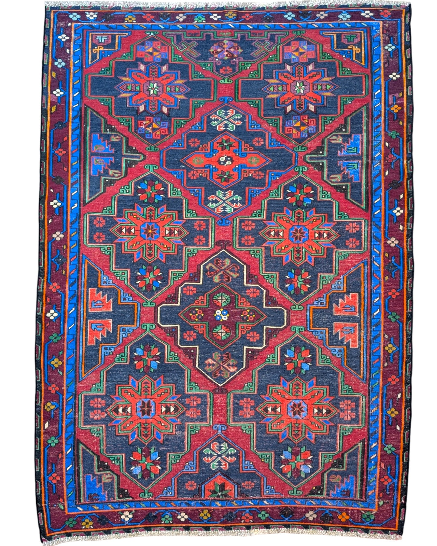 Tappeto Kilim Sumakh annodato a mano, 222 x 160 cm, motivo geometrico con tonalità blu e rosso, artigianato tradizionale turco.