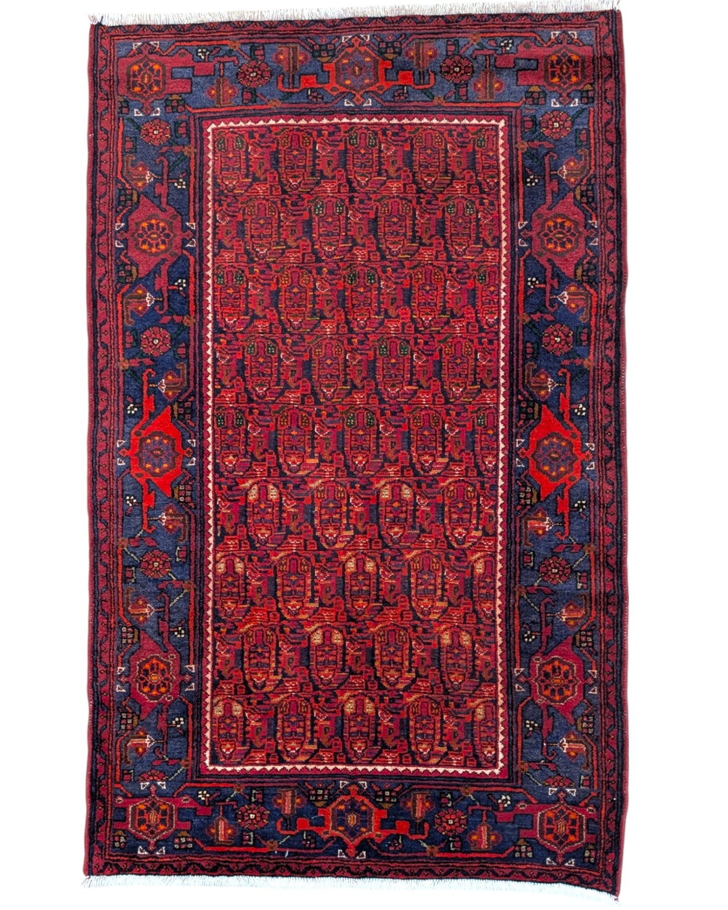 Tappeto Senneh annodato a mano, 214 x 132 cm, fondo rosso intenso, motivi geometrici, artigianato tradizionale persiano.