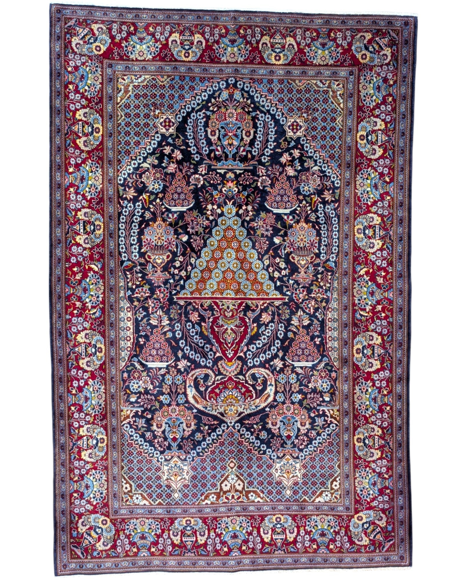 Tappeto Saruk annodato a mano, 225 x 145 cm, fondo blu, Albero della Vita decorativo, artigianato persiano tradizionale.