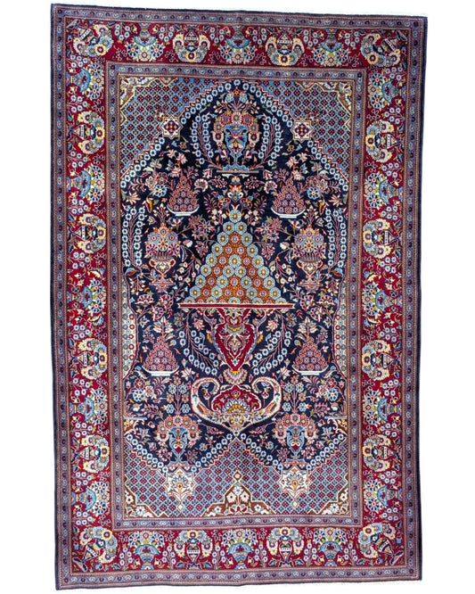 Tappeto Saruk annodato a mano, 225 x 145 cm, fondo blu, Albero della Vita decorativo, artigianato persiano tradizionale.