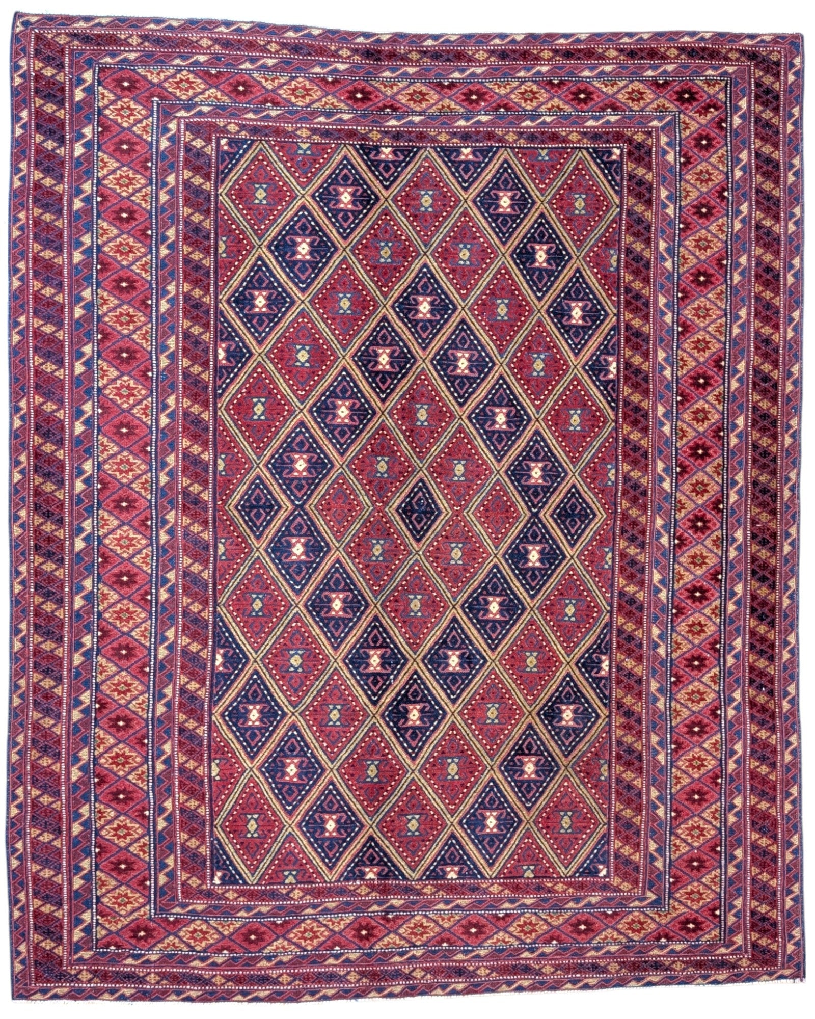 Tappeto Kilim Sumakh annodato a mano, 198 x 151 cm, fondo rosso antico, motivi geometrici, artigianato tradizionale persiano.