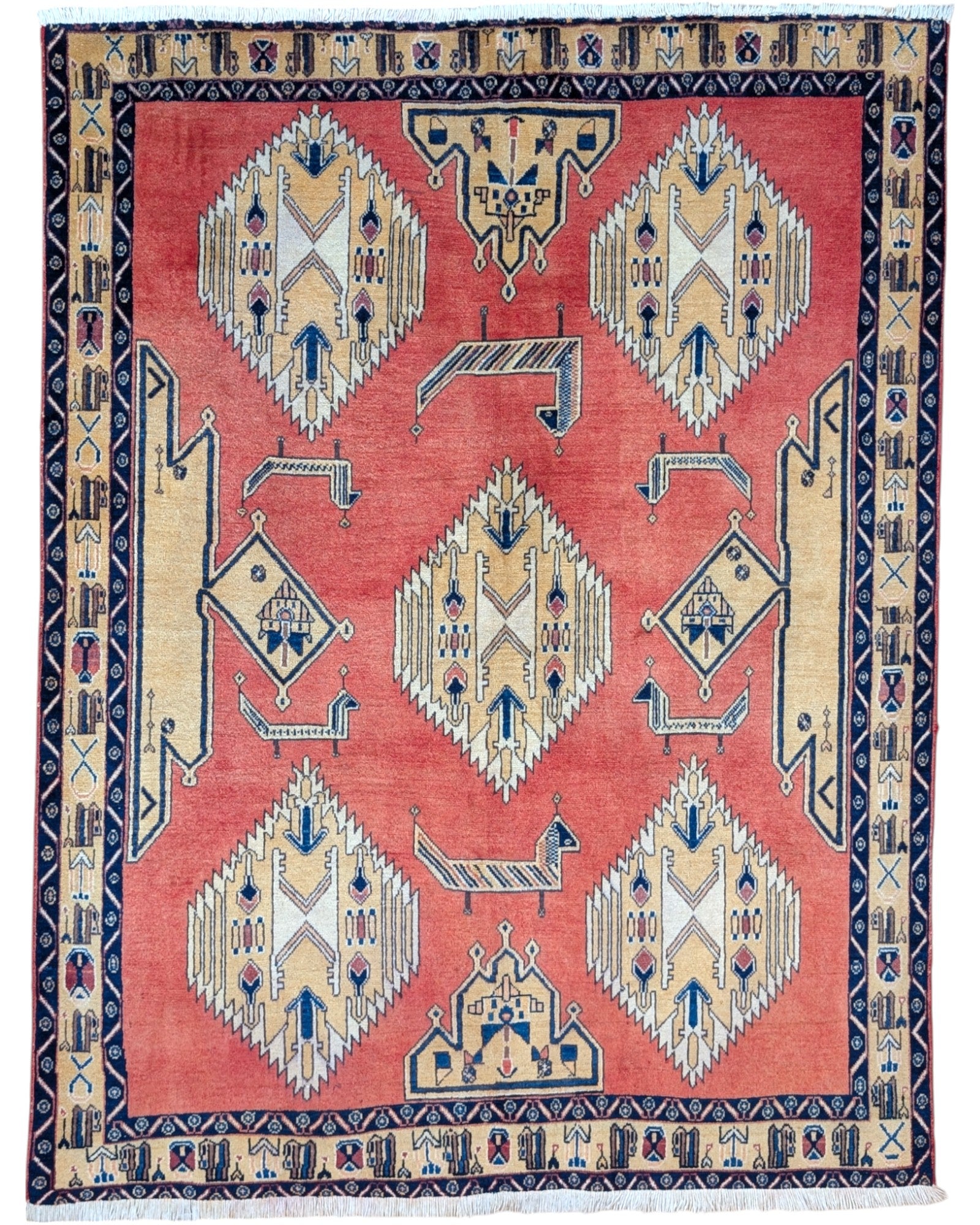 Tappeto Afshar annodato a mano, 225 x 142 cm, fondo arancione vibrante, motivi geometrici, artigianato tradizionale persiano.