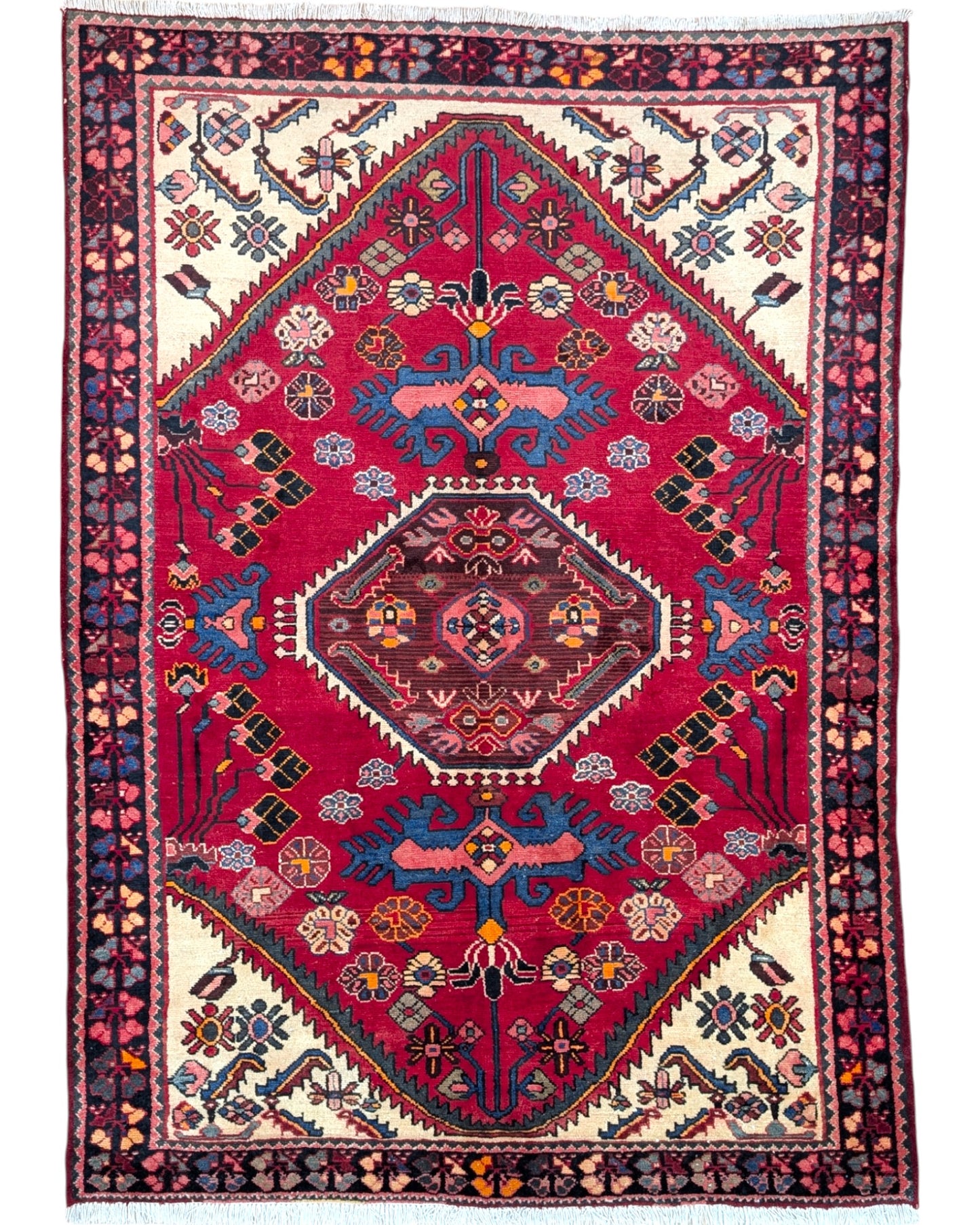 Tappeto Hamedan annodato a mano, 220 x 155 cm, fondo rosso melograno con motivi geometrici persiani.