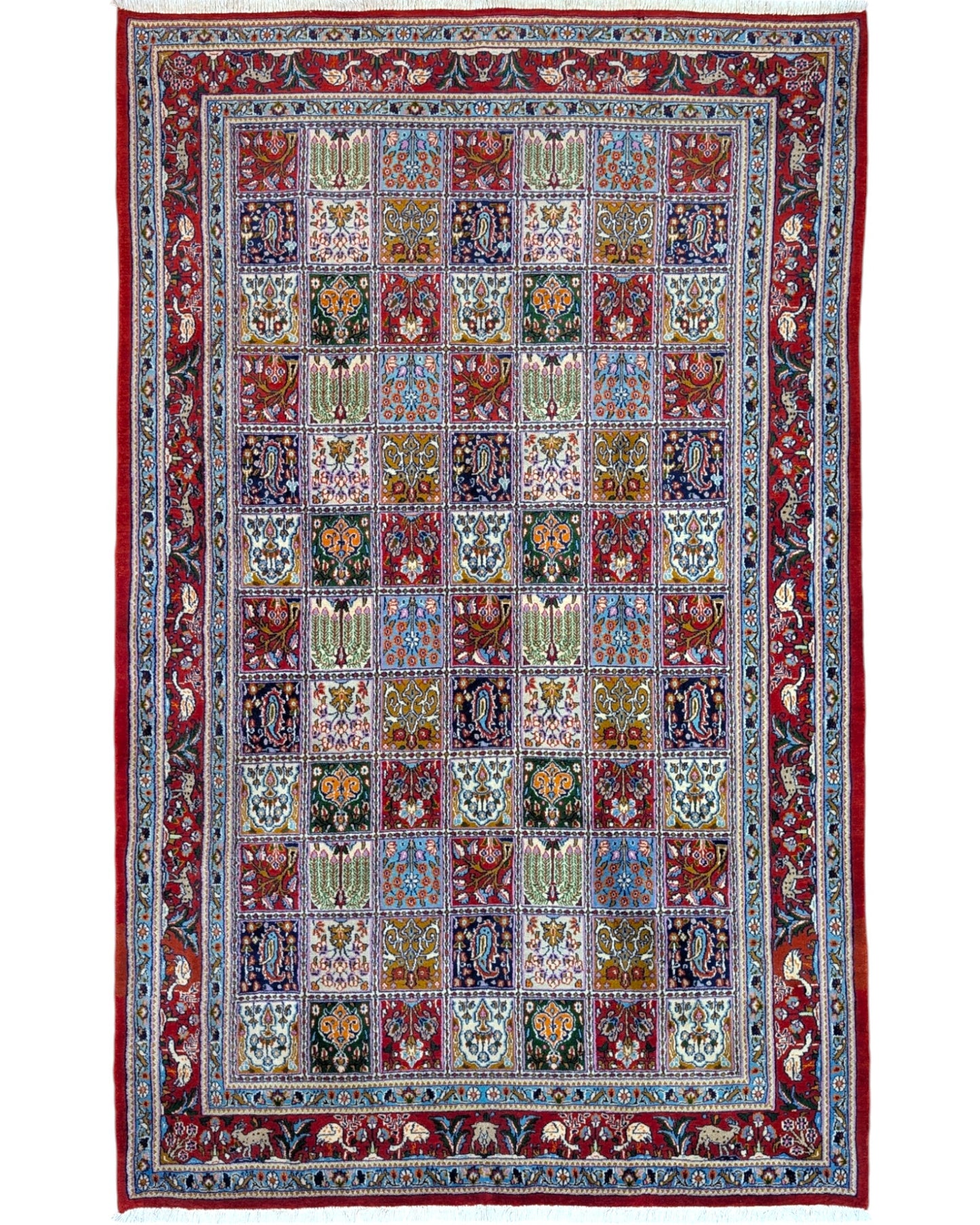 Tappeto Kashan annodato a mano, 230 x 143 cm, motivi decorativi con varietà cromatiche.