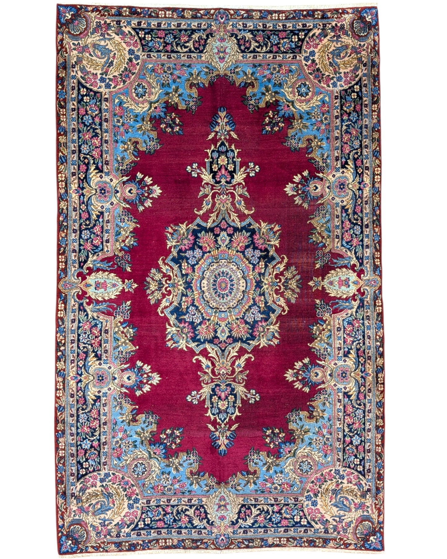 Tappeto Antico Kerman, annodato a mano, 227 x 140 cm, fondo rosso melograno con disegno imperiale