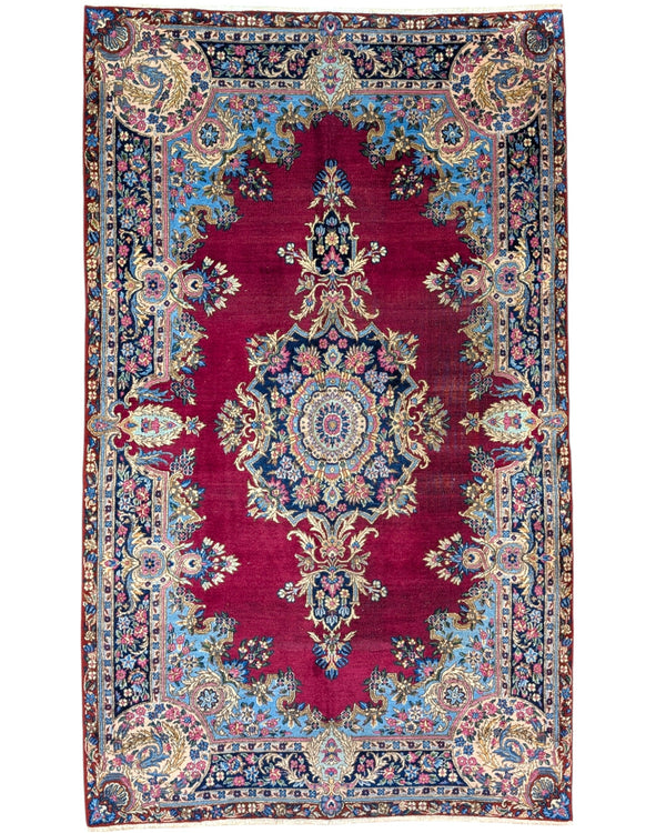 Tappeto Antico Kerman, annodato a mano, 227 x 140 cm, fondo rosso melograno con disegno imperiale