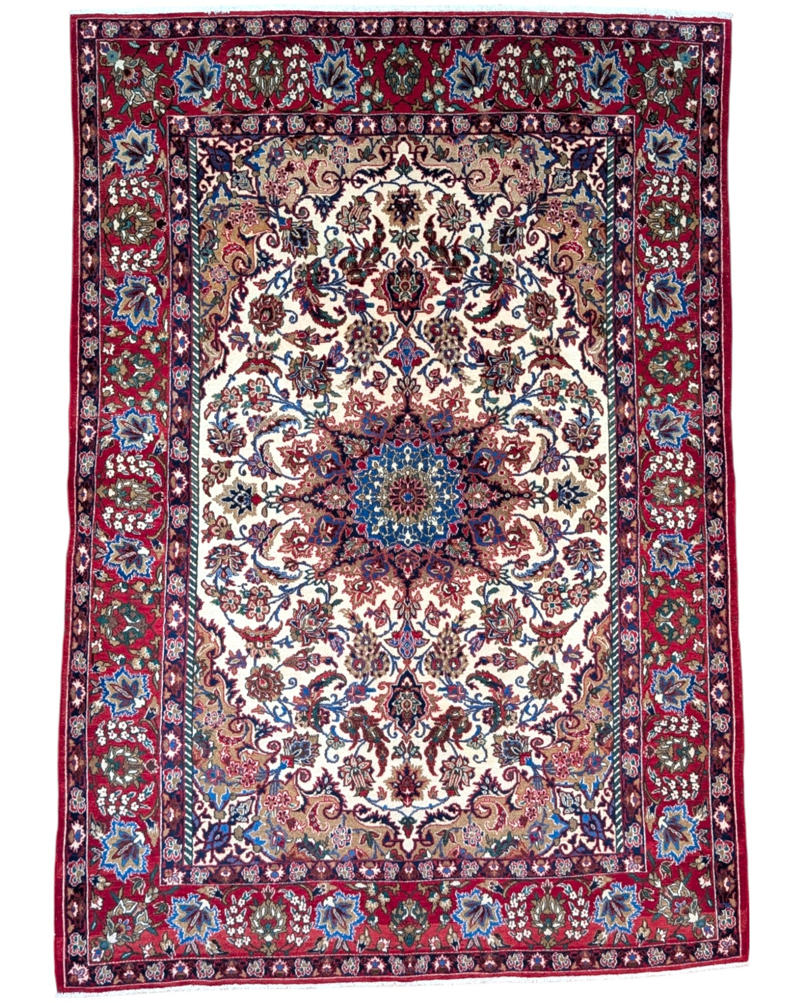 Tappeto Najafabad, annodato a mano, 219 x 152 cm, con motivi floreali decorativi in vari colori.
