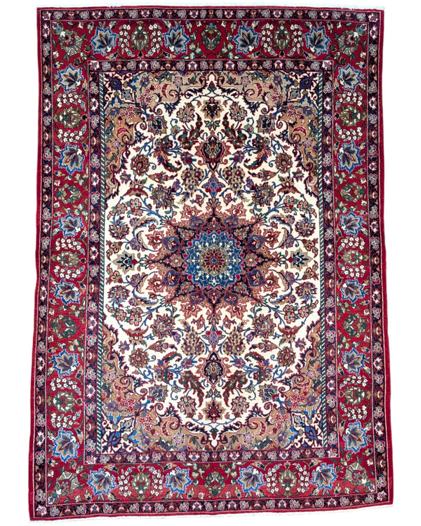 Tappeto Najafabad, annodato a mano, 219 x 152 cm, con motivi floreali decorativi in vari colori.