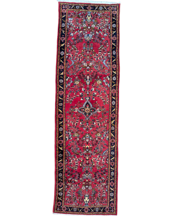 Passatoia Lilian persiana, rosso antico e blu, annodato a mano, 299x89 cm.