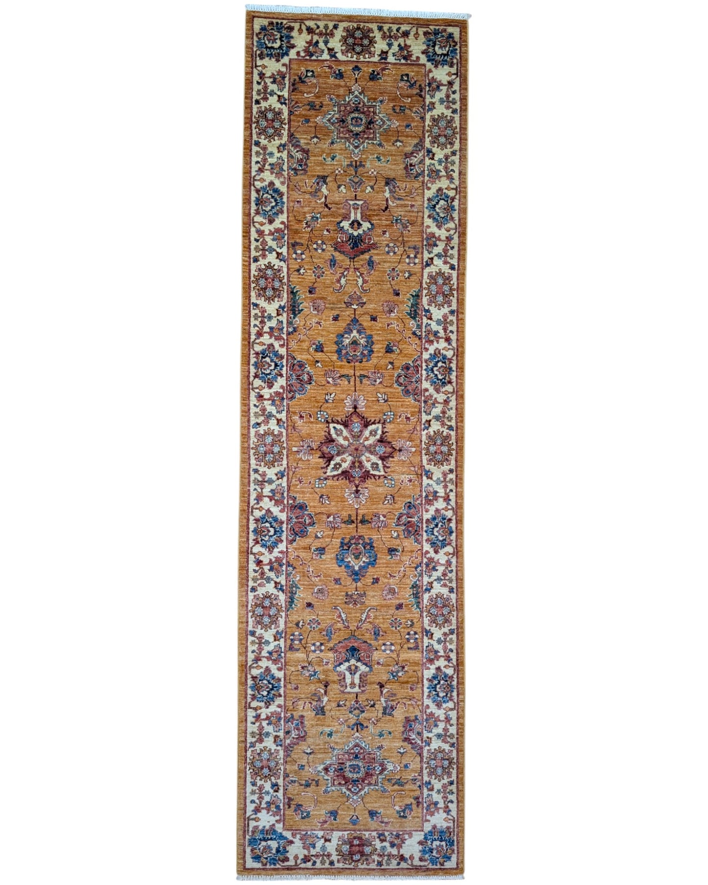 Passatoia Ziegler afgana, oro e beige, annodato a mano, 301x81 cm.