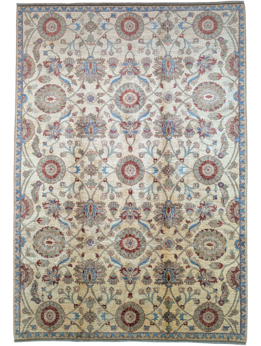 Tappeto Ziegler afgano, annodato a mano, 260 x 180 cm, fondo beige con disegno contemporaneo.