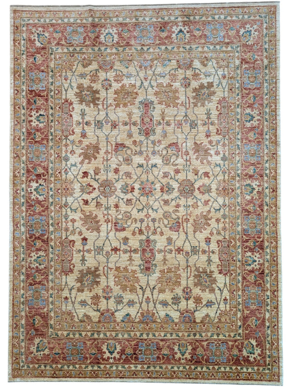 Tappeto Ziegler afgano, annodato a mano, 245 x 178 cm, fondo beige con disegno contemporaneo.