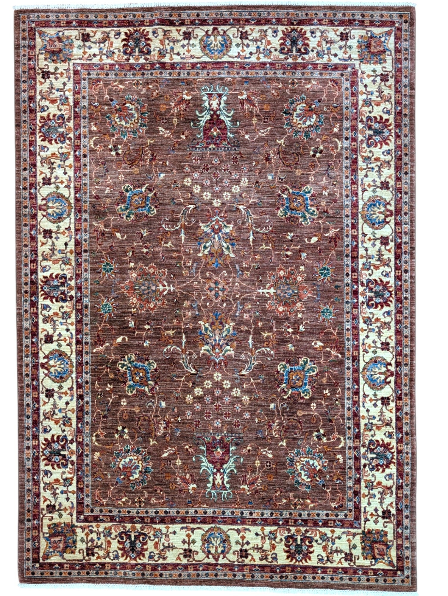 Tappeto Kazak afgano, annodato a mano, 247 x 170 cm, colori vegetali con disegno contemporaneo.