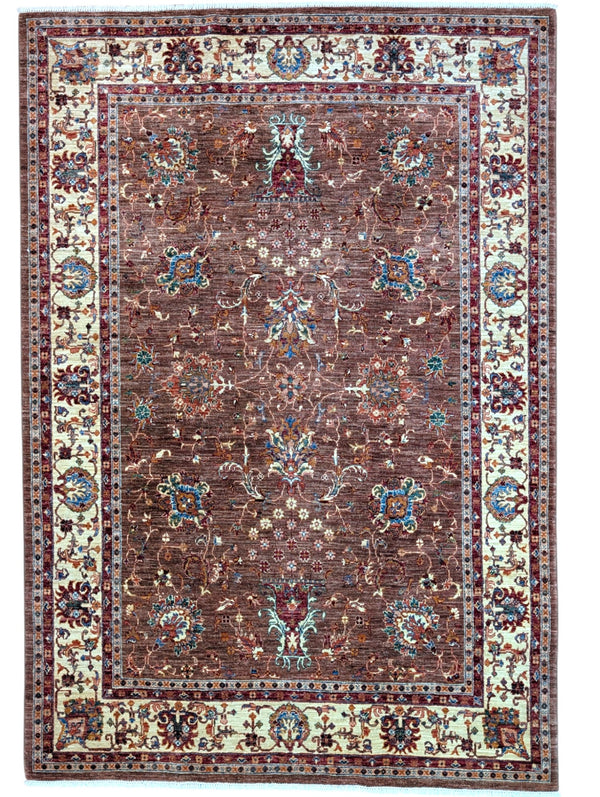 Tappeto Kazak afgano, annodato a mano, 247 x 170 cm, colori vegetali con disegno contemporaneo.