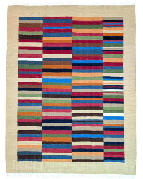 Tappeto Moderno Kilim 240x185 cm multicolore, annodato a mano con cotone e lana vegetale in Persia. Certificato di autenticità incluso.