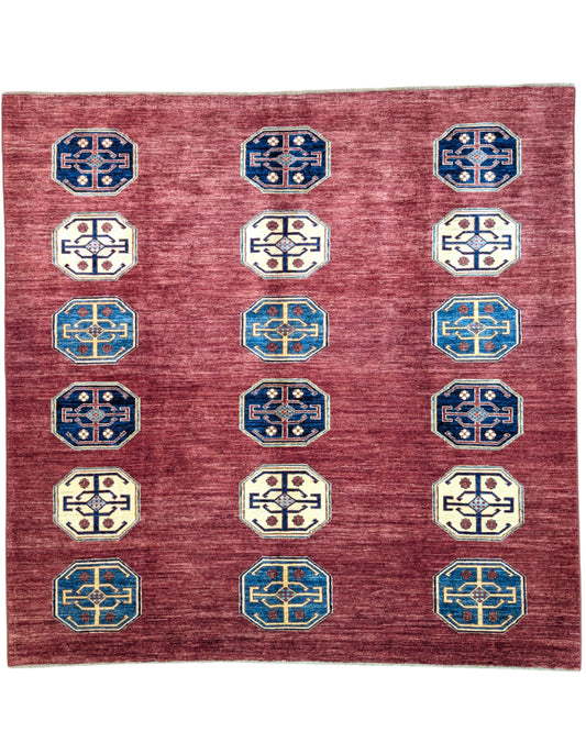 Tappeto Moderno 248x255 cm rosso, con disegno geometrico, annodato a mano in Afghanistan con cotone e lana vegetale, certificato di autenticità incluso.