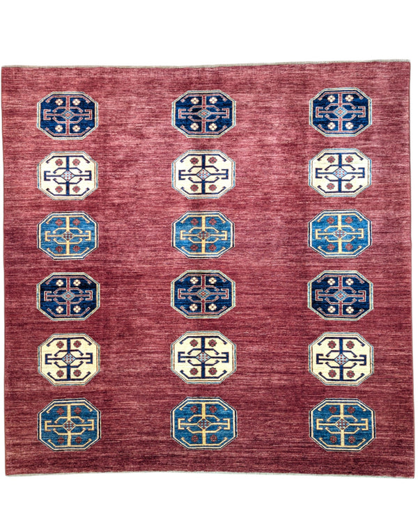 Tappeto Moderno 248x255 cm rosso, con disegno geometrico, annodato a mano in Afghanistan con cotone e lana vegetale, certificato di autenticità incluso.