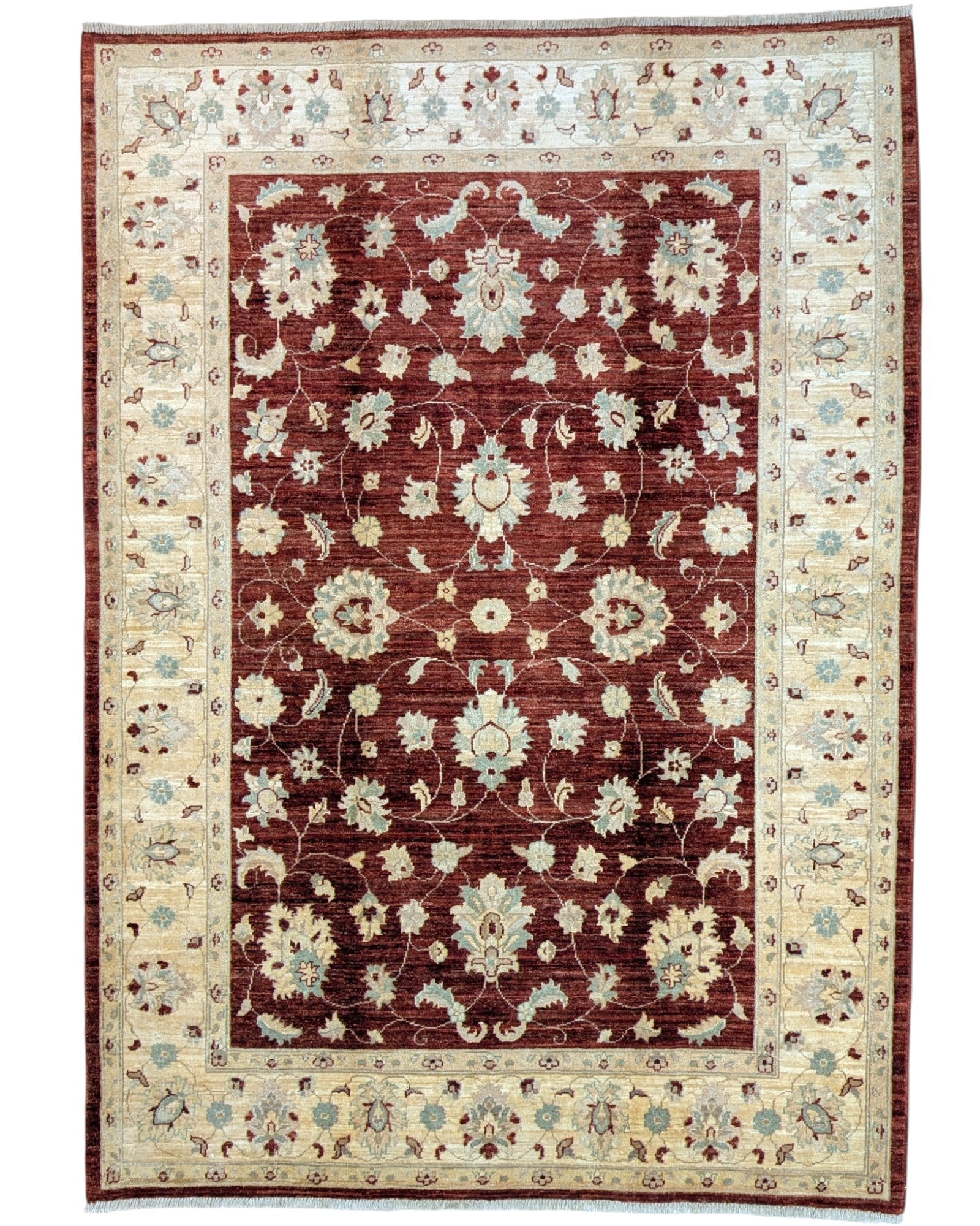 Tappeto Ziegler 240x170 cm, annodato a mano in Afghanistan, fondo rosso melograno con disegno contemporaneo e cornice beige, lana pregiata e cotone resistente, certificato di autenticità incluso.