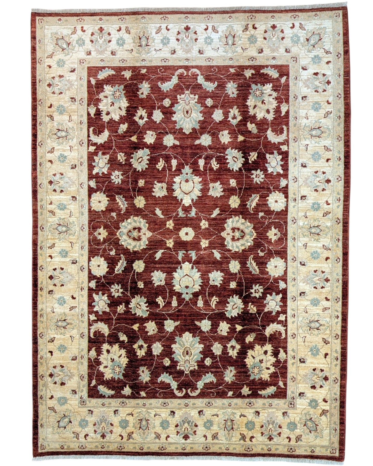 Tappeto Ziegler 240x170 cm, annodato a mano in Afghanistan, fondo rosso melograno con disegno contemporaneo e cornice beige, lana pregiata e cotone resistente, certificato di autenticità incluso.