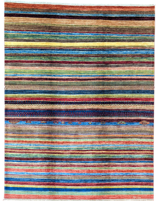 Tappeto moderno 240x186 cm a strisce multicolore, annodato a mano in Afghanistan con cotone resistente e lana vegetale. Certificato di autenticità incluso.