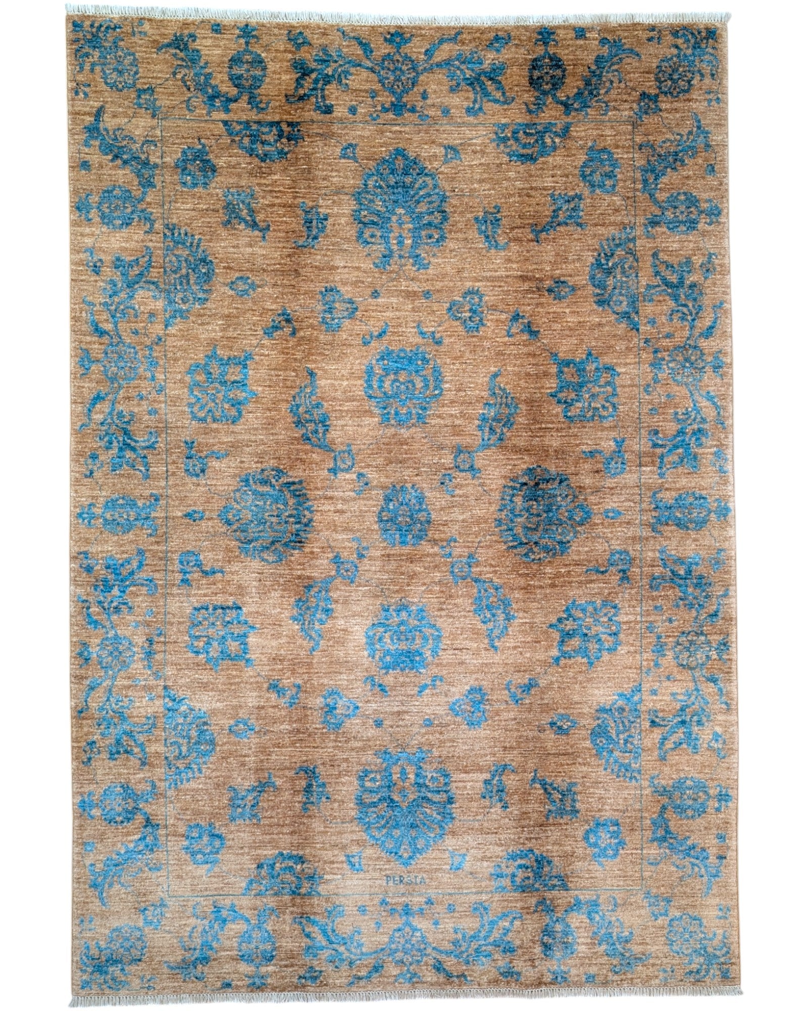 Tappeto Ziegler 245x169 cm in beige e turchese, annodato a mano in Afghanistan con motivi contemporanei e colori vegetali. Certificato di autenticità incluso.