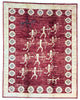 Tappeto moderno 230x172 cm Persia con fondo bordeaux, figure di arcieri in avorio e bordura floreale beige, annodato a mano in lana e cotone.