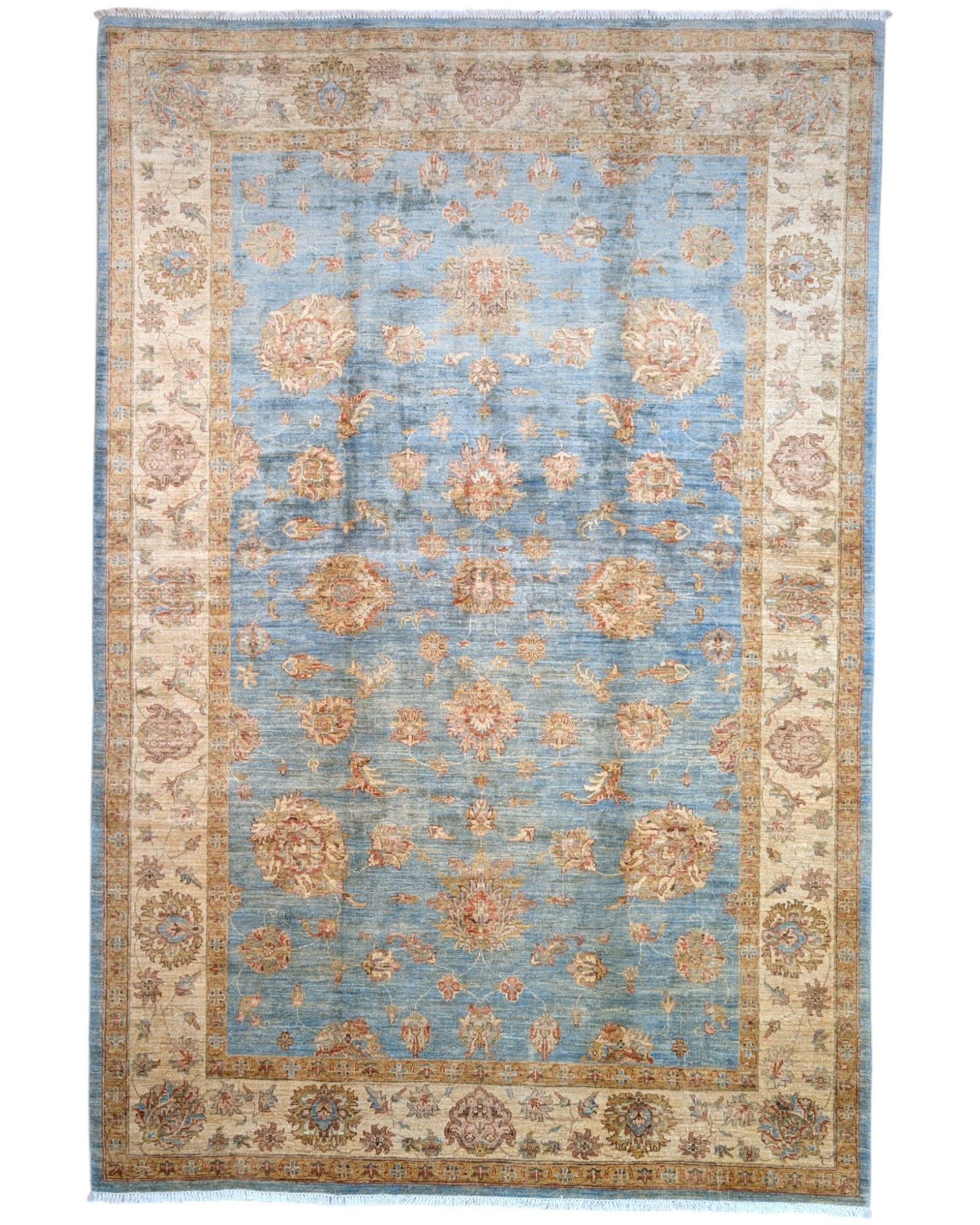 Tappeto Ziegler 298x200 cm con fondo azzurro, motivi floreali beige e oro e bordura chiara decorata, tramato ed annodato a mano, provenienza Afghanistan.