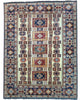 Tappeto Kazak 285x222 cm con fondo chiaro, motivi geometrici multicolore e bordure ricche, tramato ed annodato a mano, provenienza Caucaso.