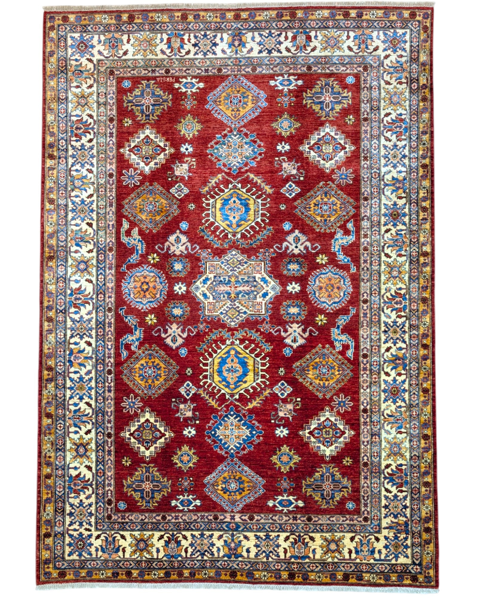 Tappeto Shirvan 300x208 cm con fondo rosso, motivi geometrici blu, gialli e avorio, tramato ed annodato a mano, provenienza Caucaso.