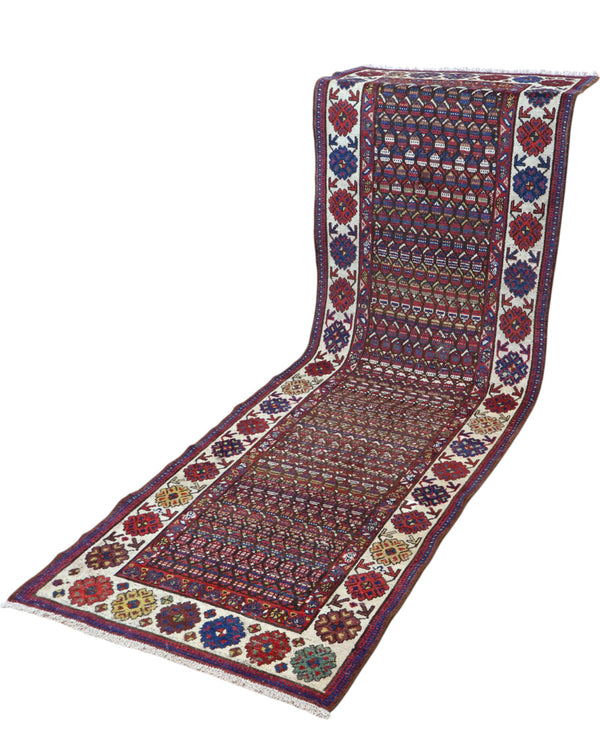 Passatoia Antico Bakhtiyari persiana, marrone e beige, annodato a mano, 267x90 cm.