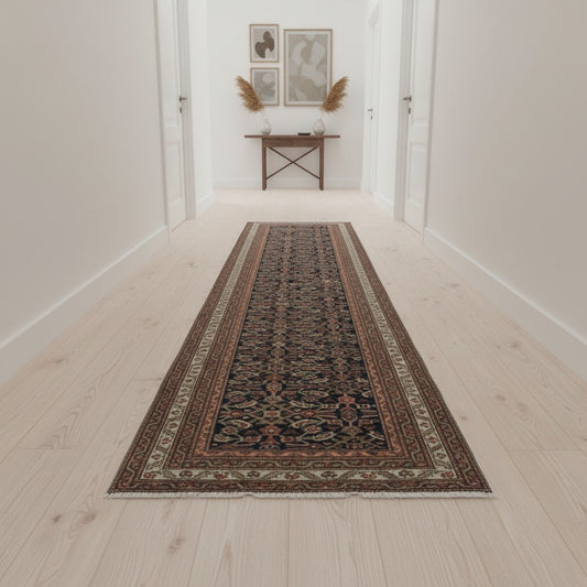 Passatoia Antico Malayer 300x90 cm annodata a mano, tappeto persiano in lana con fondo blu e motivi geometrici.