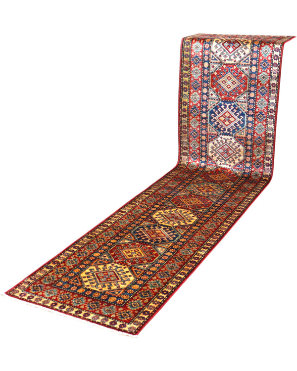 Passatoia Kazak afgana, fondo rosso con disegno geometrico, annodato a mano, 316x75 cm.