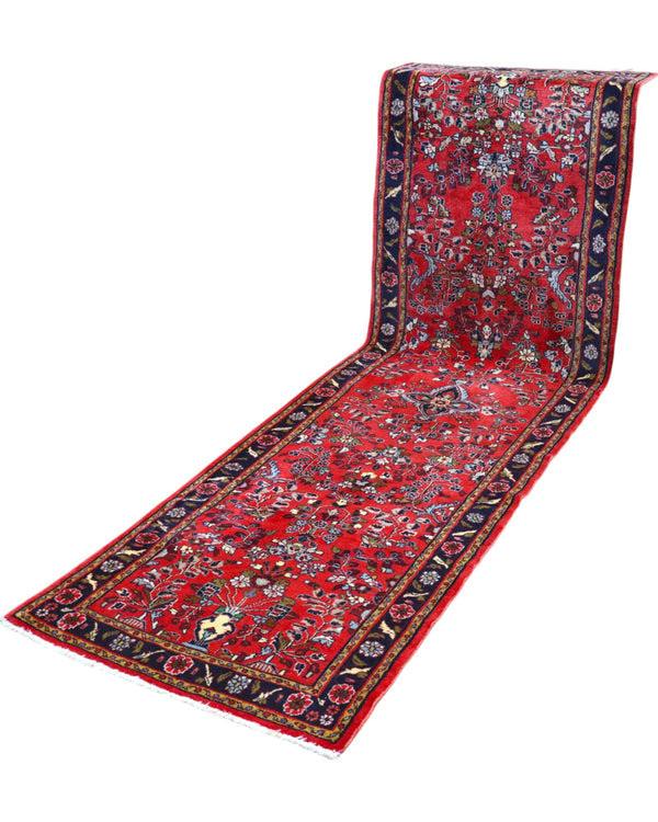 Passatoia Lilian persiana, rosso antico e blu, annodato a mano, 299x89 cm.