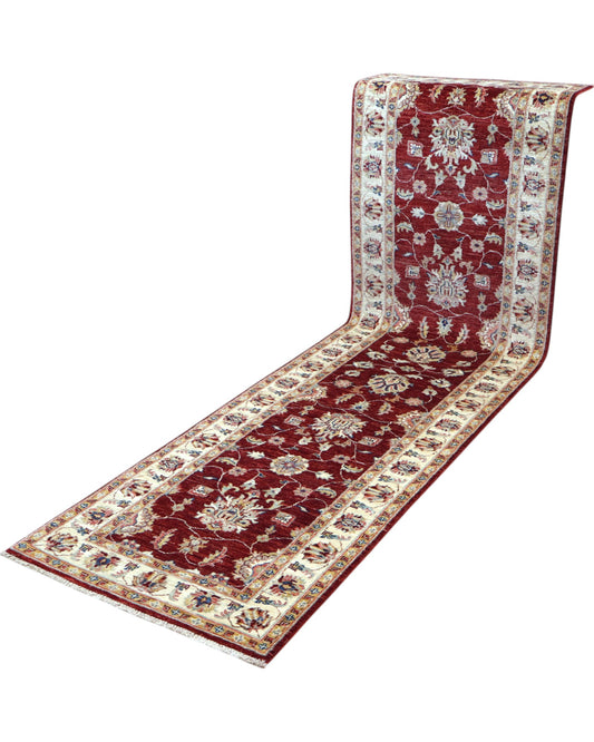 Passatoia Ziegler afgana, rosso melograno con cornice beige e disegno decorativo, annodato a mano, 304x83 cm.