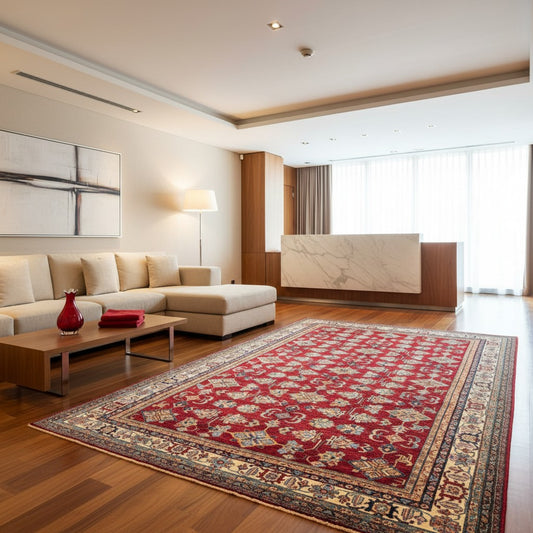 Tappeto Kazak 445x307 cm afghano, annodato a mano, con fondo rosso e motivi geometrici in azzurro, avorio e oro.