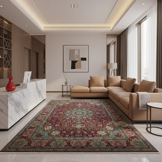 Tappeto persiano Tabriz 60Rag 424x294 cm, fondo rosso e blu con ampio medaglione e cornice verde, annodato a mano in seta e lana vegetale.