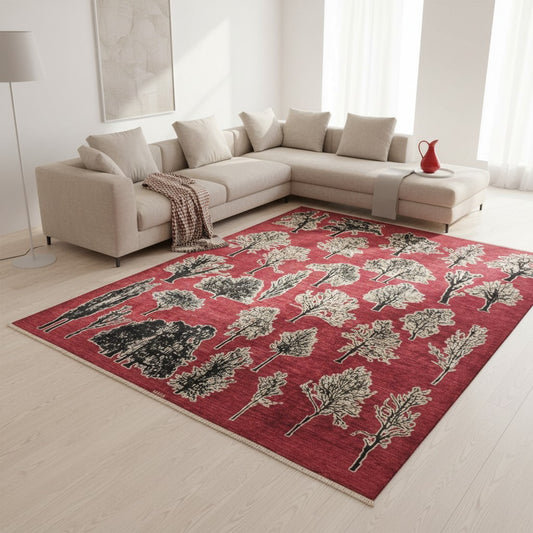 Tappeto moderno persiano 352x257 cm, annodato a mano, alberi stilizzati in varie forme su fondo rosso rubino, lana tinta vegetale, certificato incluso.