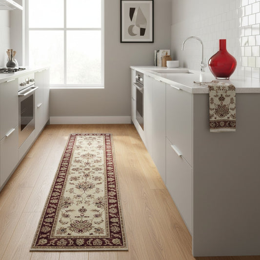 Tappeto Ziegler afgano, beige con cornice rossa, annodato a mano, 320x80 cm.