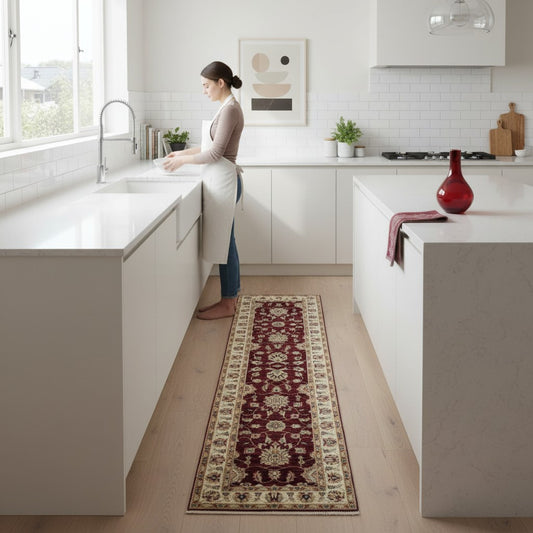 Passatoia Ziegler afgana, rosso melograno con cornice beige e disegno decorativo, annodato a mano, 304x83 cm.